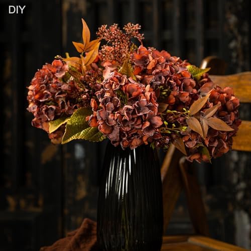 TOPIA Fall Hydrangea Artificial Silk Flowers Bouquet 6 PCS Orange