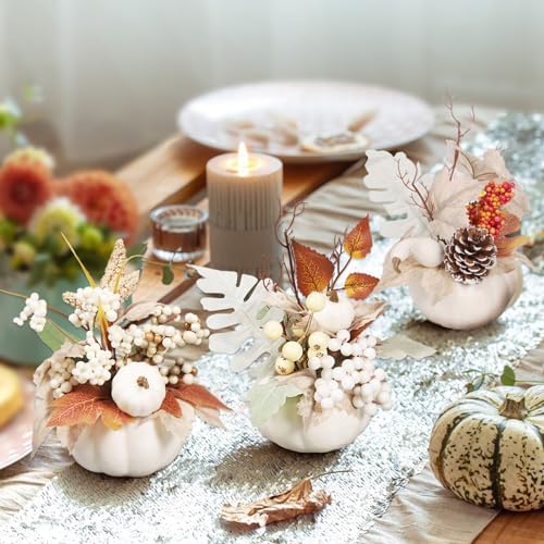 3 Pcs Artificial Pumpkin with Maple Leaf and Berries Fall Table Centerpiece
