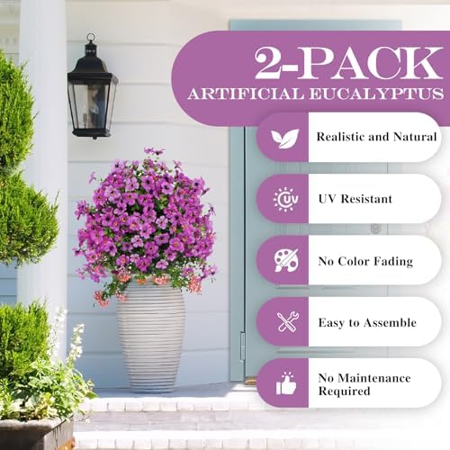 23 Inch Set of 2 Artificial Boxwood Topiary with Violet Flowers and Spikes