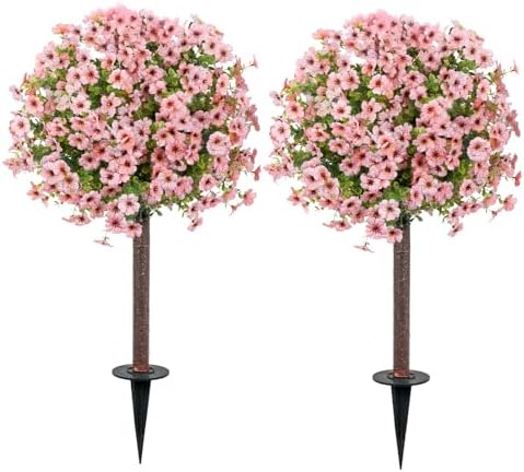 36 Artificial Boxwood Topiary Ball Tree with Violet Flowers 2Pack Pink