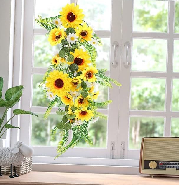 Artificial Sunflower Garland with Green Leaves 2PCS