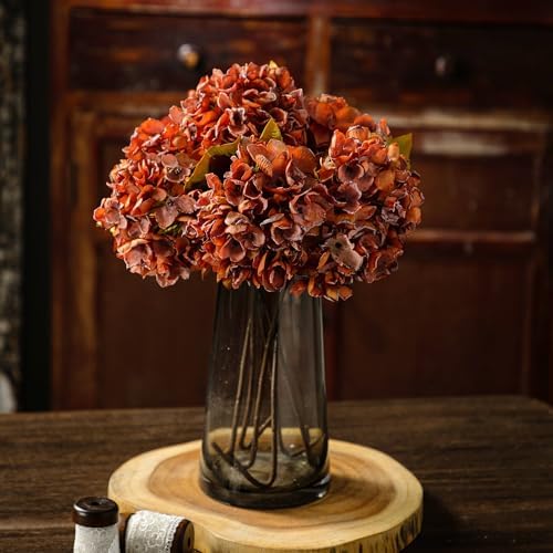 TOPIA Fall Hydrangea Artificial Silk Flowers Bouquet 6 PCS Orange
