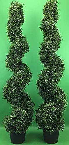 Two 4 Foot Artificial Boxwood Spiral Topiary Trees