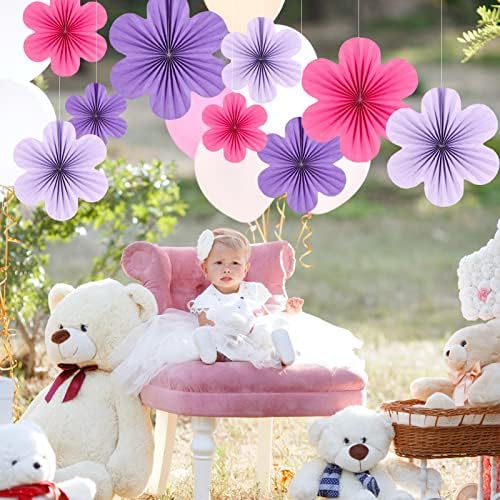 SUNBEAUTY Paper Flower Fans Set of 9 Purple Decorations