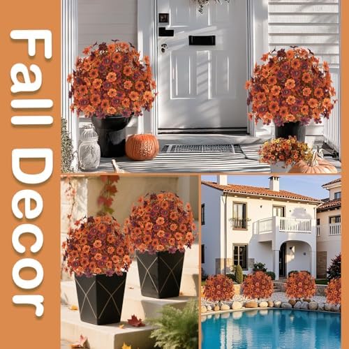 YUGYUM Set of 2 Fall Artificial Mums Flowers Boxwood Topiary