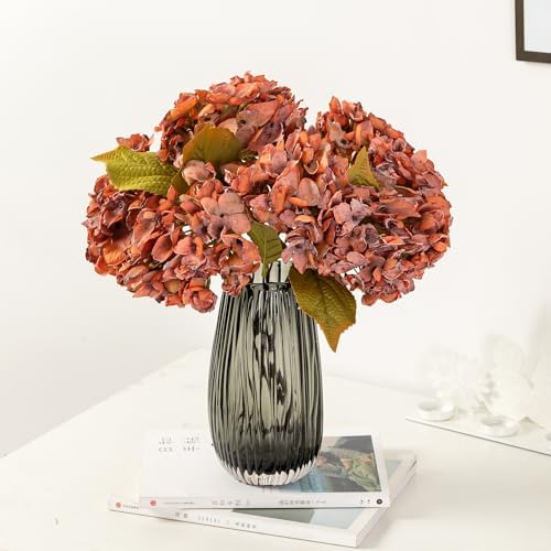 TOPIA Fall Hydrangea Artificial Silk Flowers Bouquet 6 PCS Orange