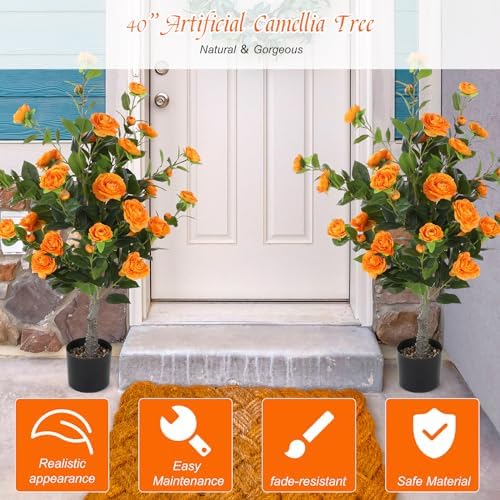 Jexine 2 Pack 40 In Artificial Camellia Tree with Flowers