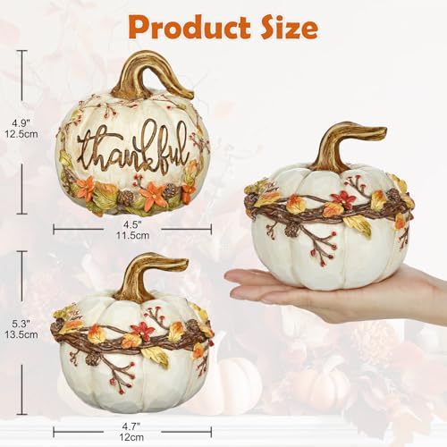 GnFlus Fall Decor 2Pcs White Resin Carved Pumpkins