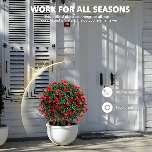 Artificial Boxwood Topiary Ball Trees with Red Flowers 2 Pack