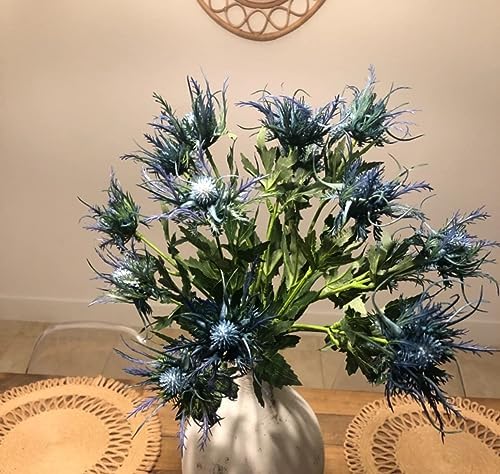 Fermus 8 Stems Artificial Blue Thistle Flowers Real Touch Decor