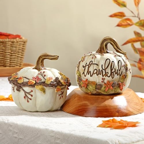 GnFlus Fall Decor 2Pcs White Resin Carved Pumpkins