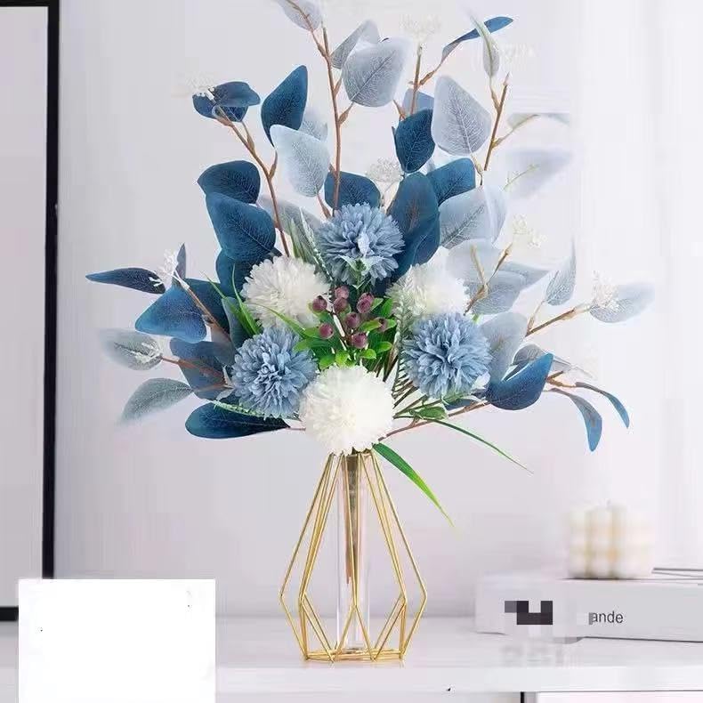 Artificial Flowers Bouquet with Iron Vase Blue Champagne