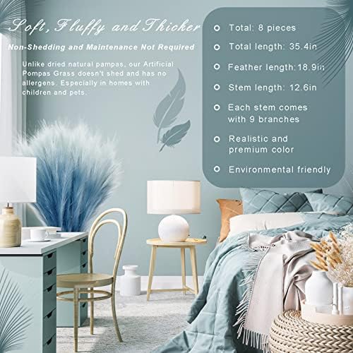 KALYLOC 8Pcs Blue Faux Pampas Grass Boho Decor