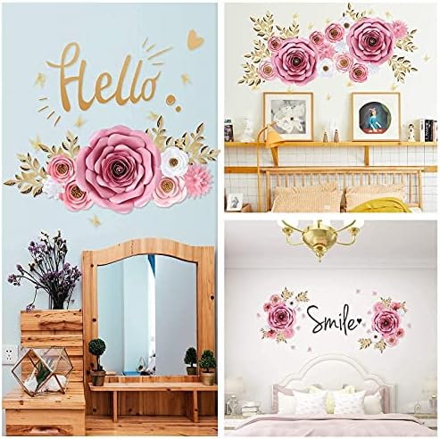 Large 3D Paper Flowers Wall Decor with Gold Butterfly Sticker