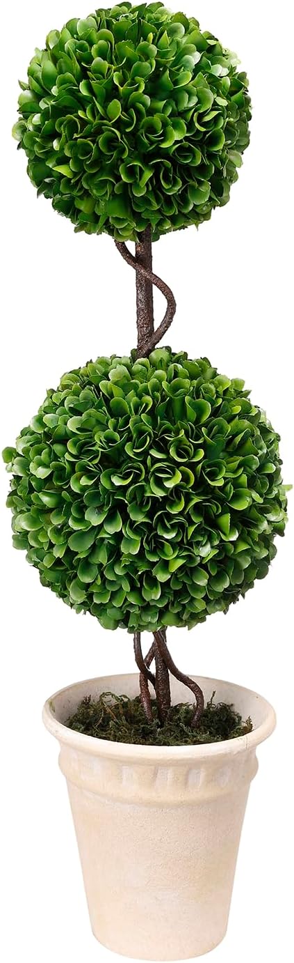 2024 22 Inch Artificial Boxwood Double Ball Topiary in White Pot