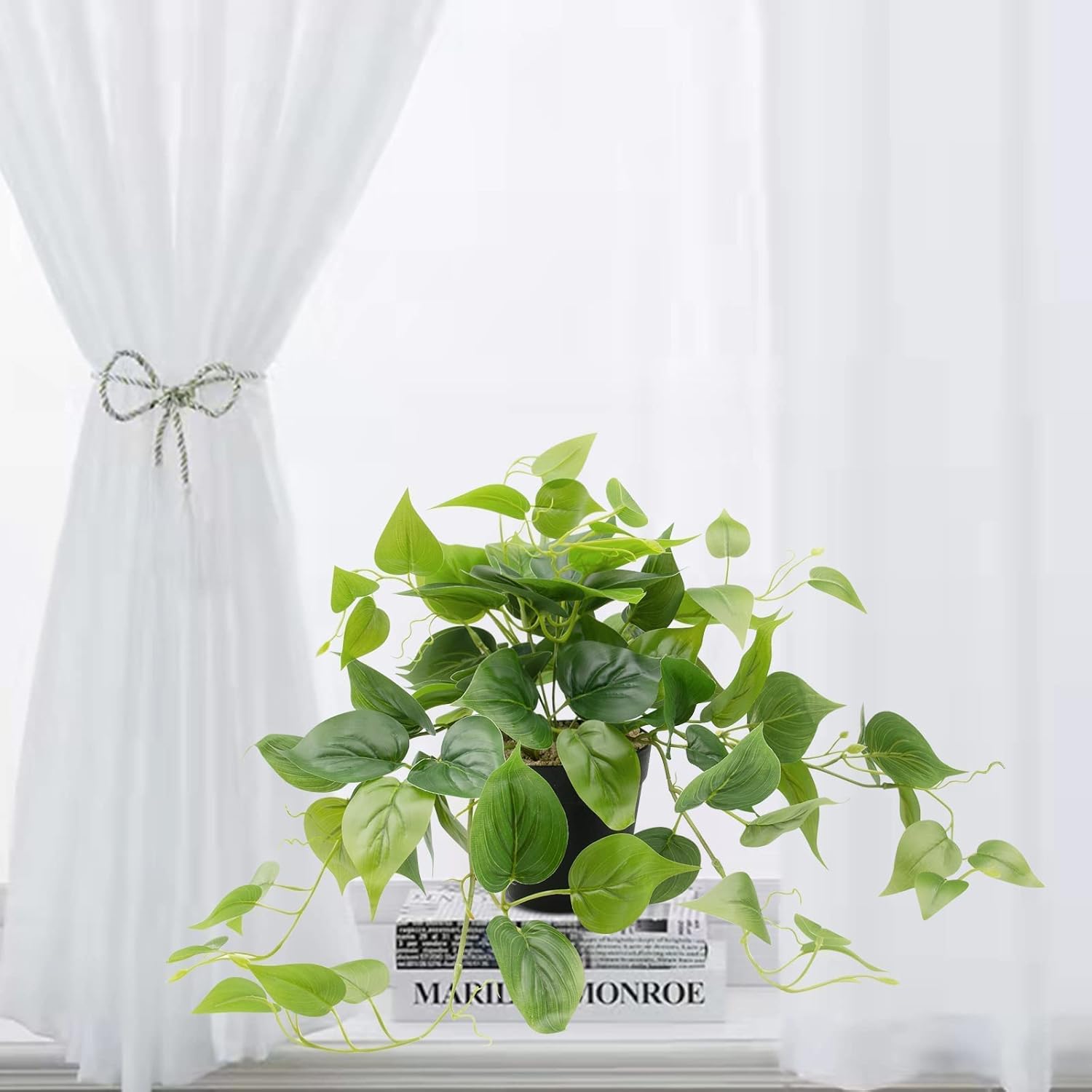 LOYWREE Artificial Pothos Plants in Black Pots - Realistic Indoor Greenery