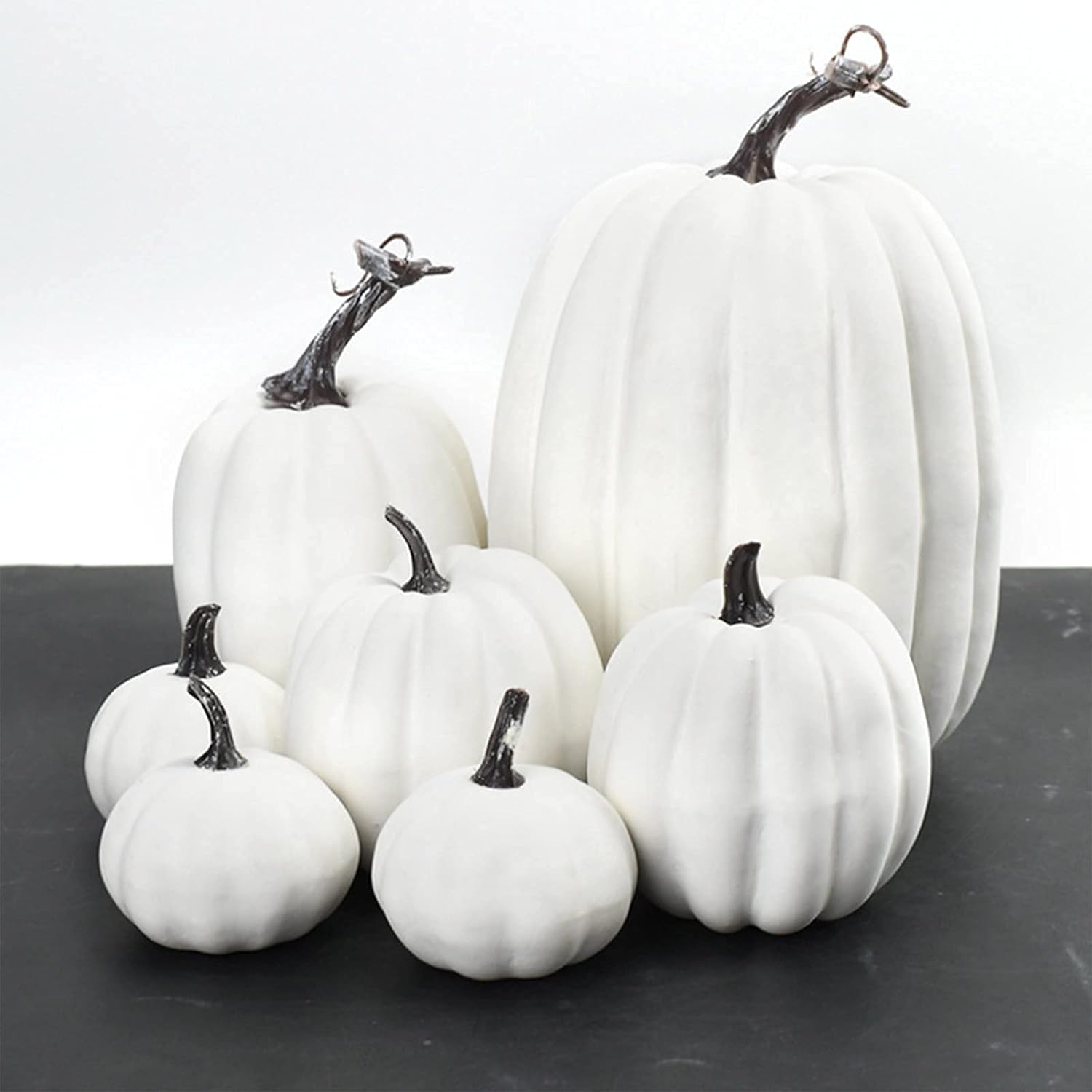7 Artificial White Pumpkins Fall Decor Set