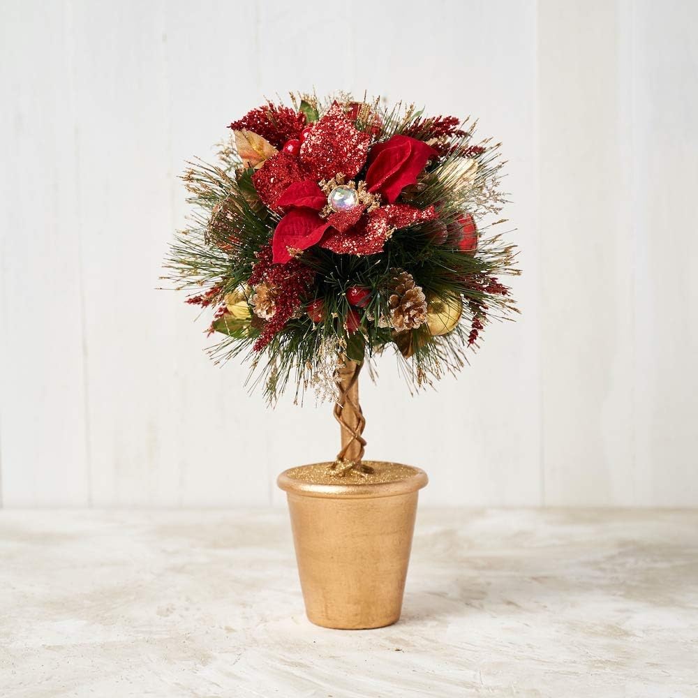 Red Poinsettia Topiary - Glittery Handcrafted Christmas Decor
