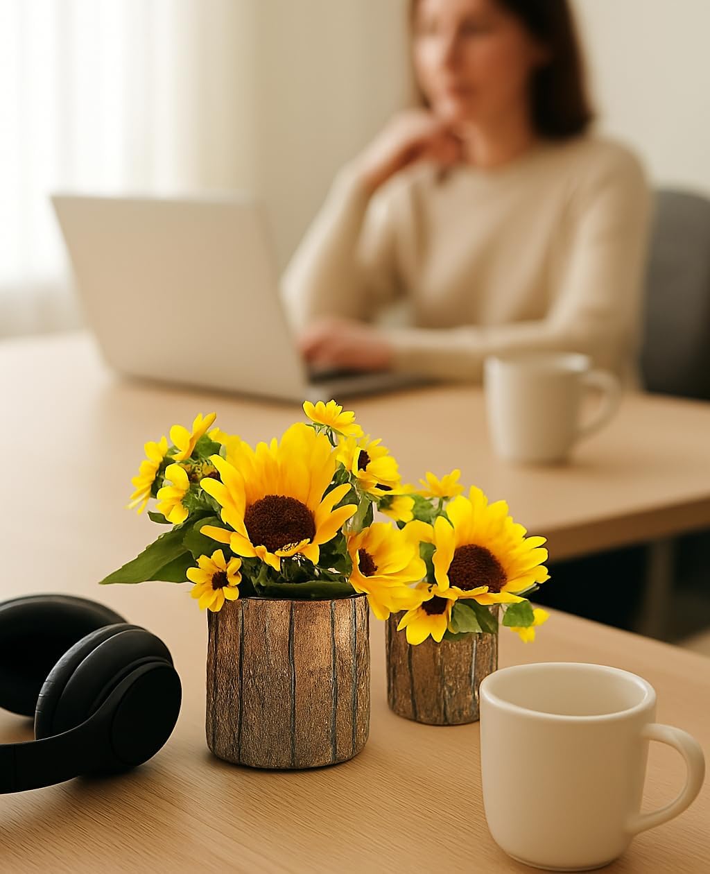 AceList Artificial Sunflowers in Rustic Bark Pots Set of 2