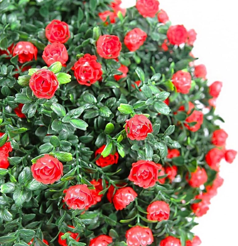 Artificial Boxwood Topiary Ball Trees with Red Flowers 2 Pack