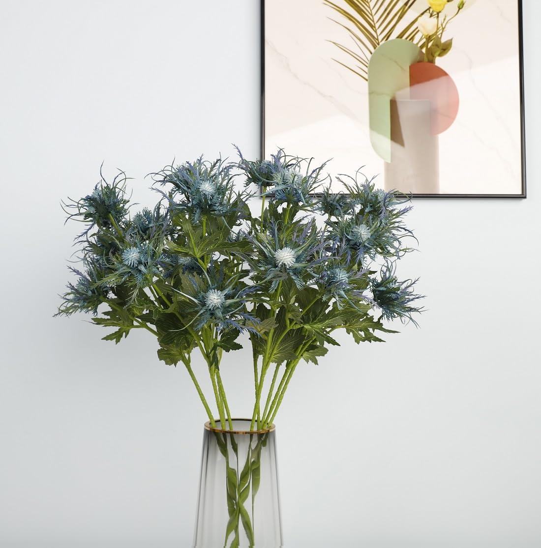 Fermus 8 Stems Artificial Blue Thistle Flowers Real Touch Decor