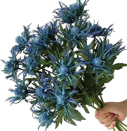 Fermus 8 Stems Artificial Blue Thistle Flowers Real Touch Decor