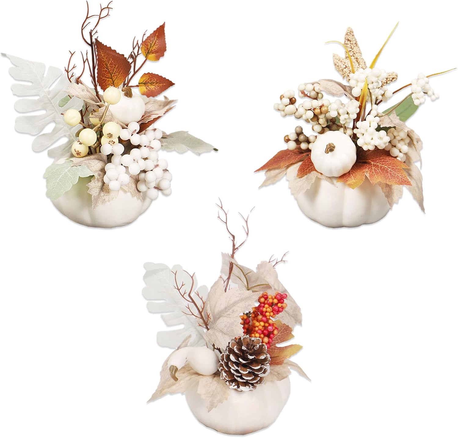 3 Pcs Artificial Pumpkin with Maple Leaf and Berries Fall Table Centerpiece