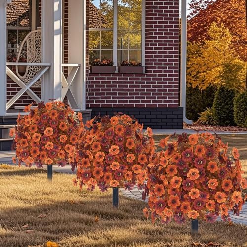YUGYUM Set of 2 Fall Artificial Mums Flowers Boxwood Topiary