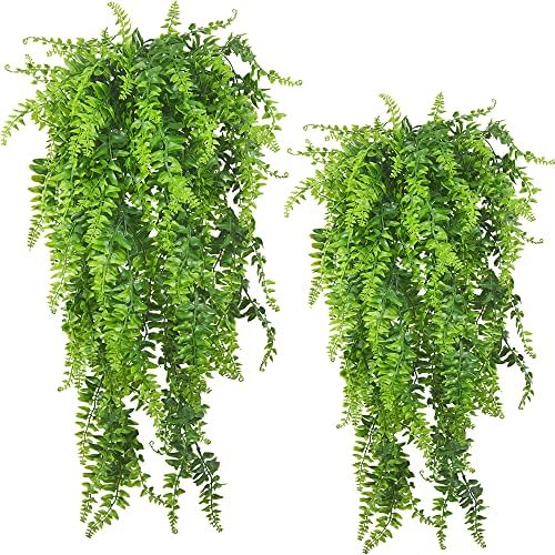 2 Pack Artificial Hanging Ferns Plants UV Resistant Green