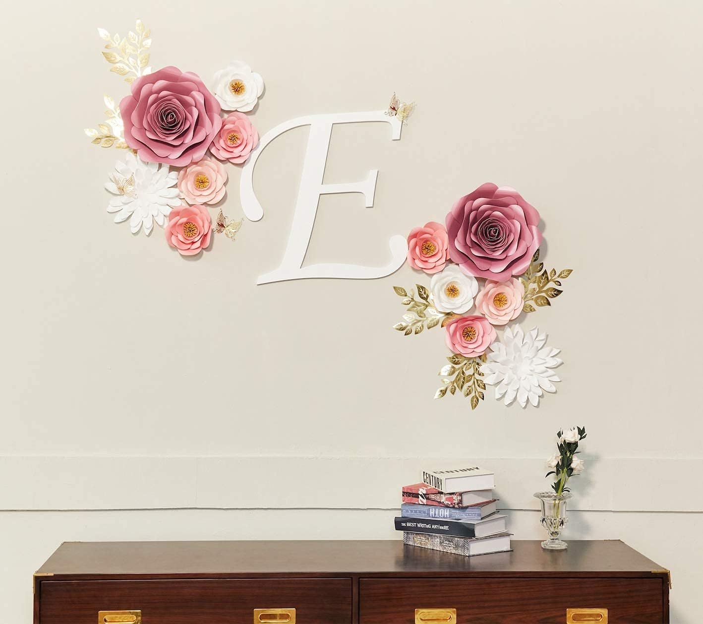 Large 3D Paper Flowers Wall Decor with Gold Butterfly Sticker