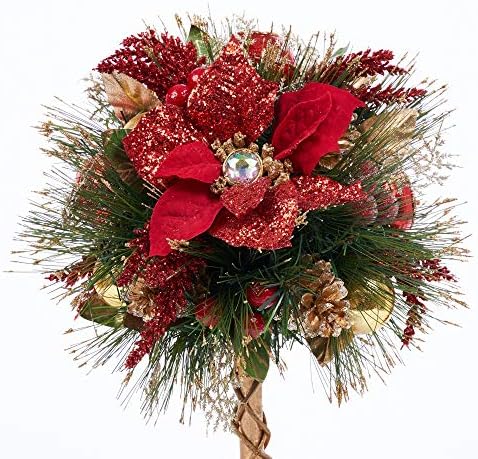 Red Poinsettia Topiary - Glittery Handcrafted Christmas Decor