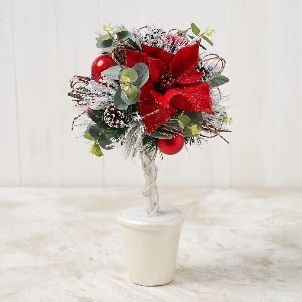 Christmas Topiary with Red Poinsettias and Buffalo Check Ribbon