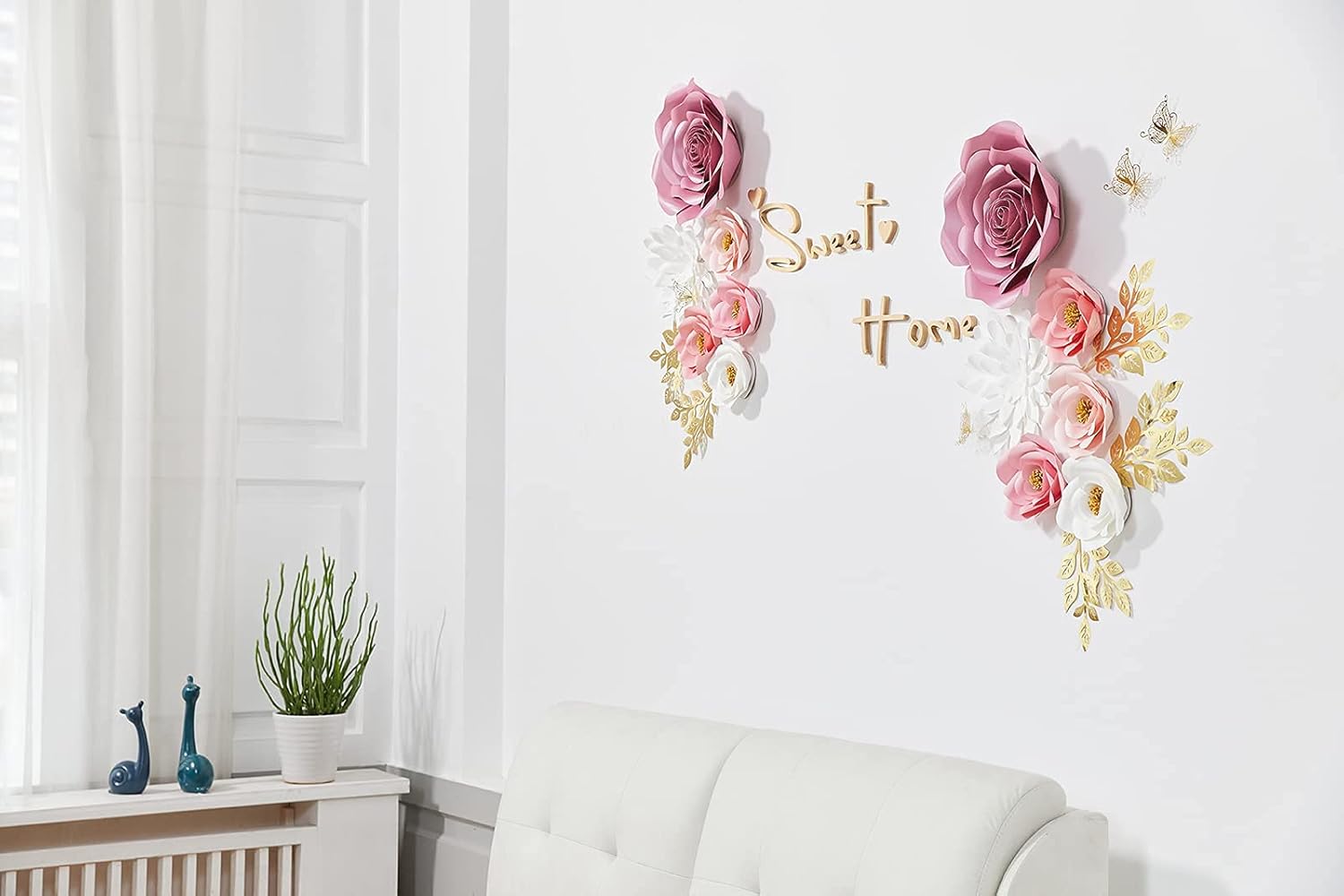 Large 3D Paper Flowers Wall Decor with Gold Butterfly Sticker