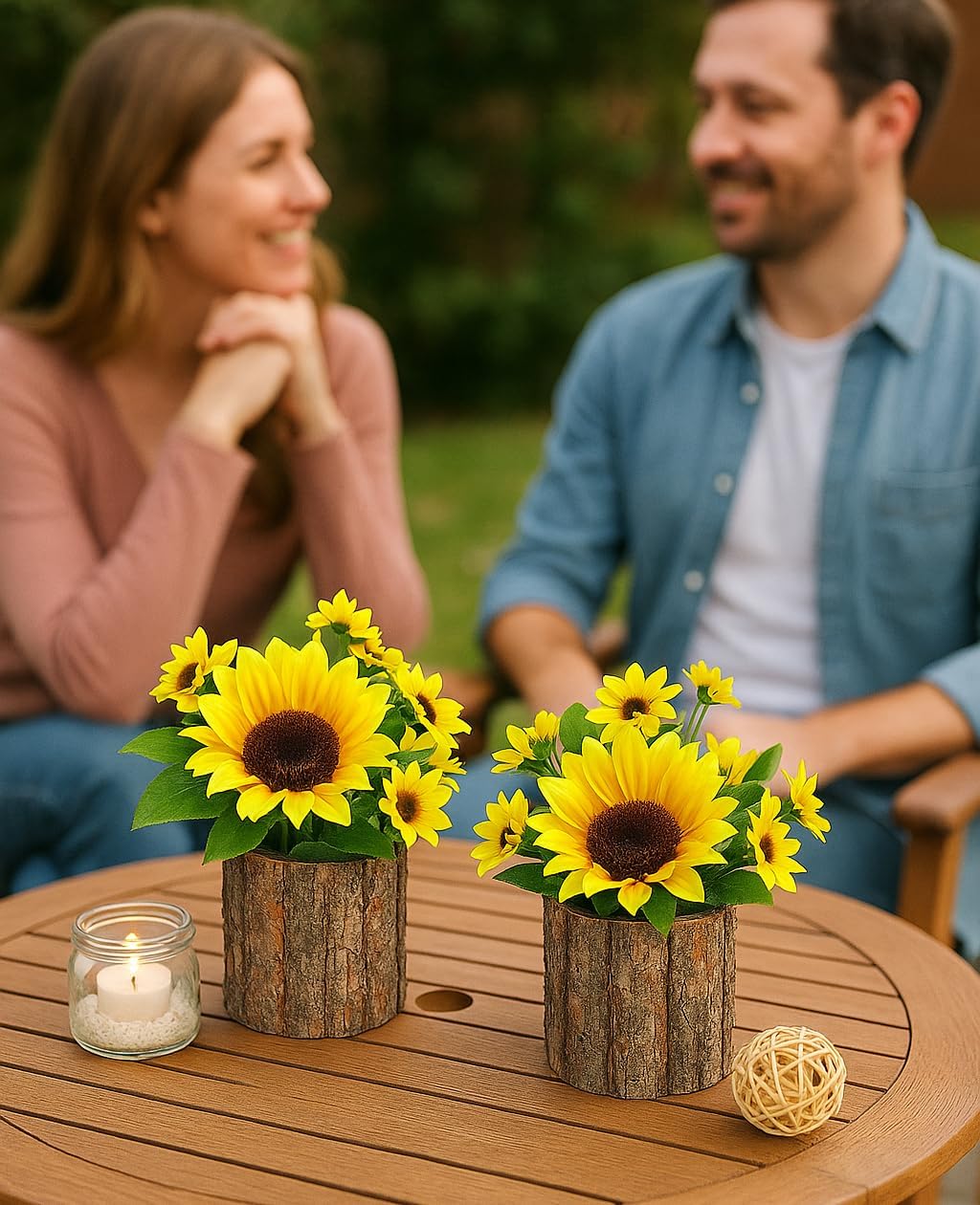 AceList Artificial Sunflowers in Rustic Bark Pots Set of 2