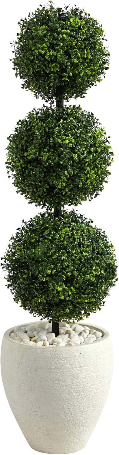 Nearly Natural 35ft Boxwood Triple Ball Topiary Artificial Tree with White Planter