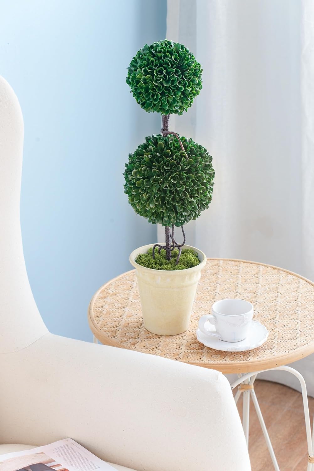 2024 22 Inch Artificial Boxwood Double Ball Topiary in White Pot