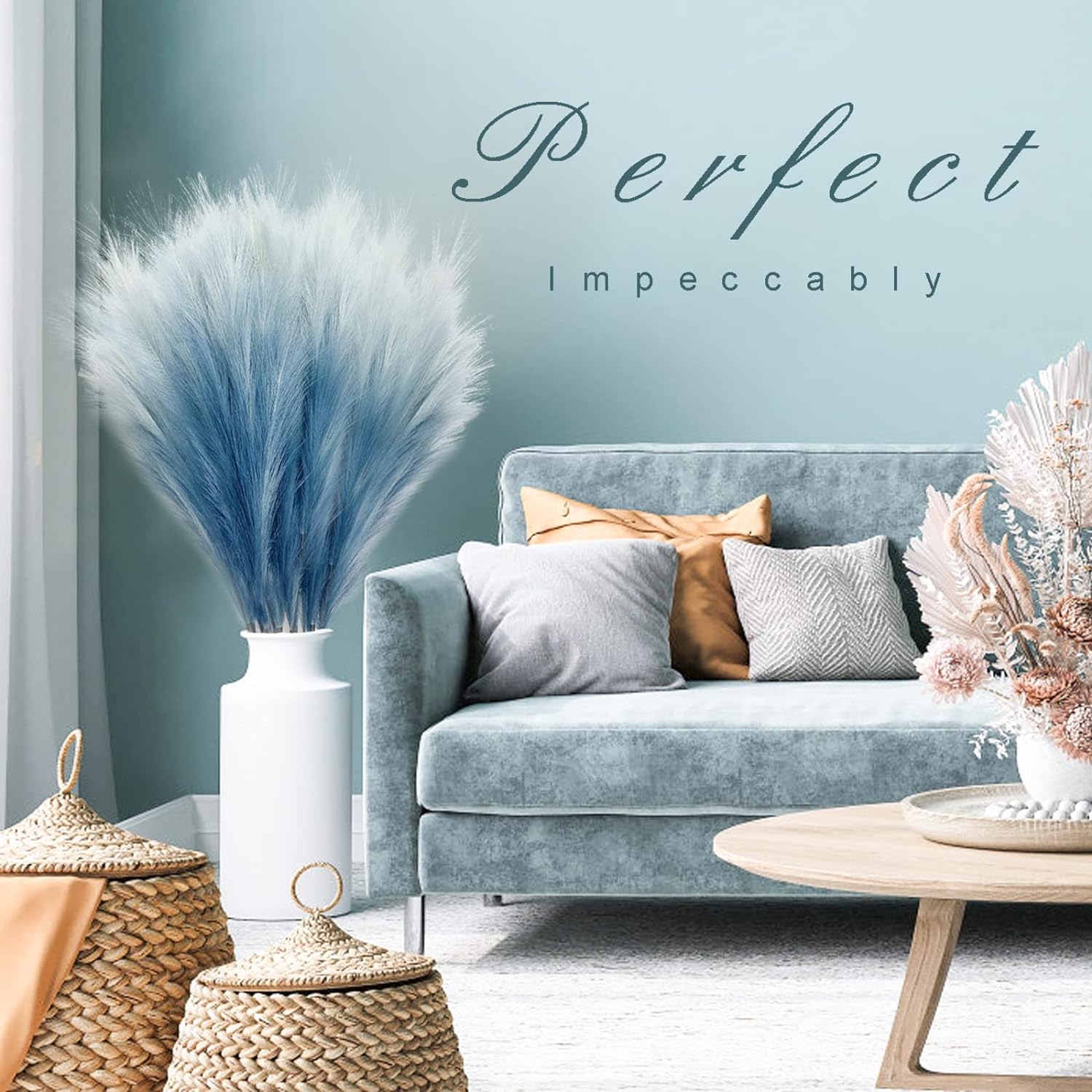 KALYLOC 8Pcs Blue Faux Pampas Grass Boho Decor