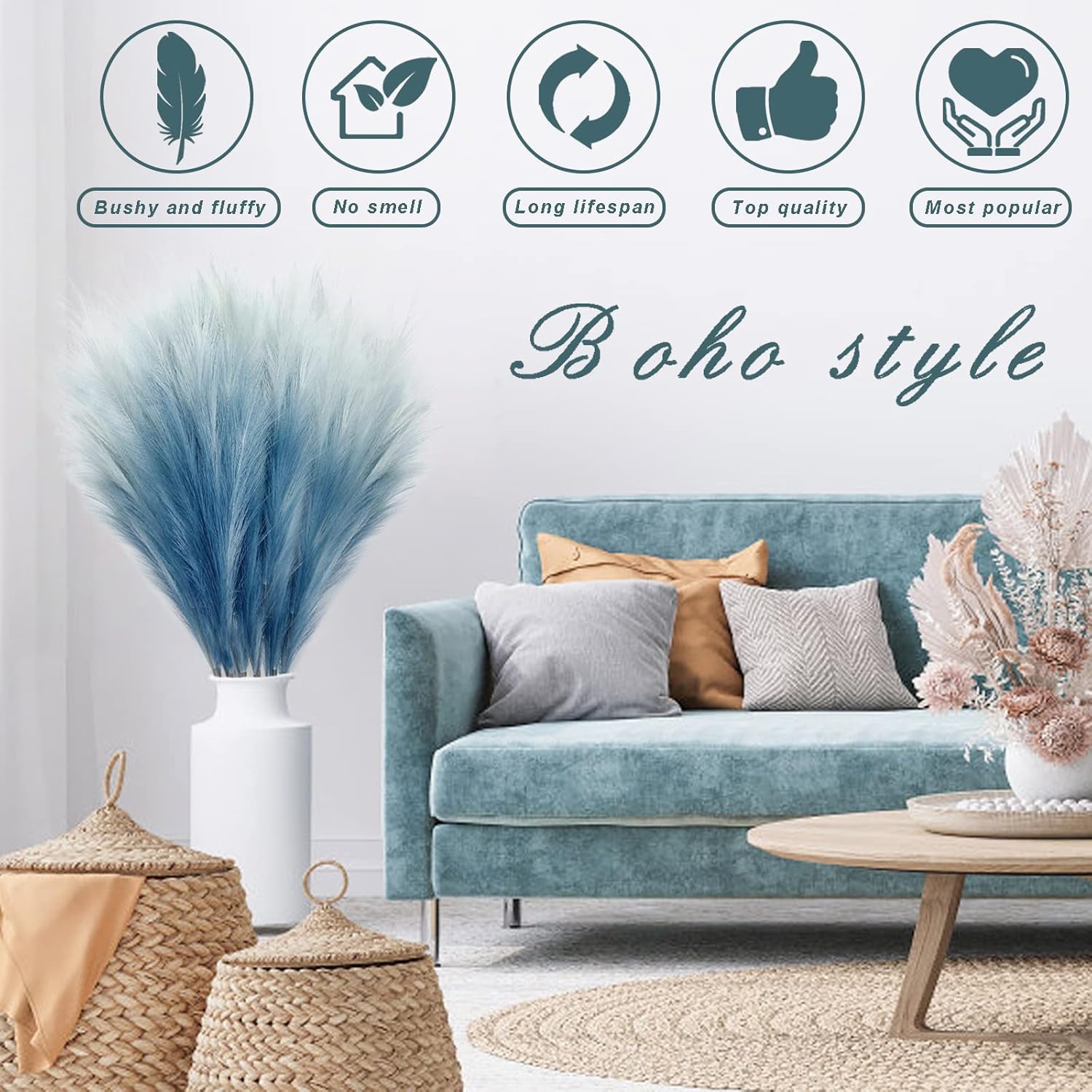 KALYLOC 8Pcs Blue Faux Pampas Grass Boho Decor