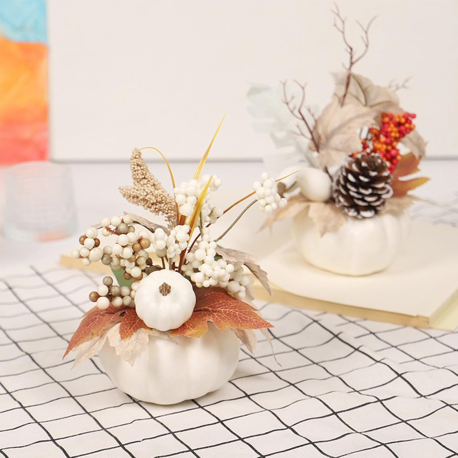 3 Pcs Artificial Pumpkin with Maple Leaf and Berries Fall Table Centerpiece