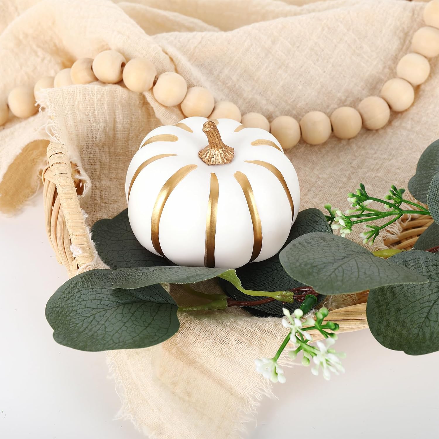 Whaline White Artificial Pumpkins 12Pcs with Gold Edges
