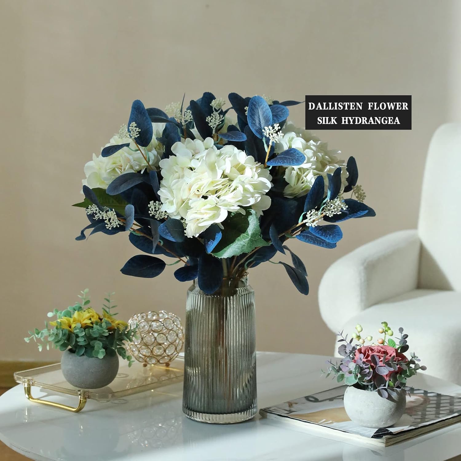20 Inch Artificial Eucalyptus Stems with Leaves and Berries 12 Pcs Navy Blue