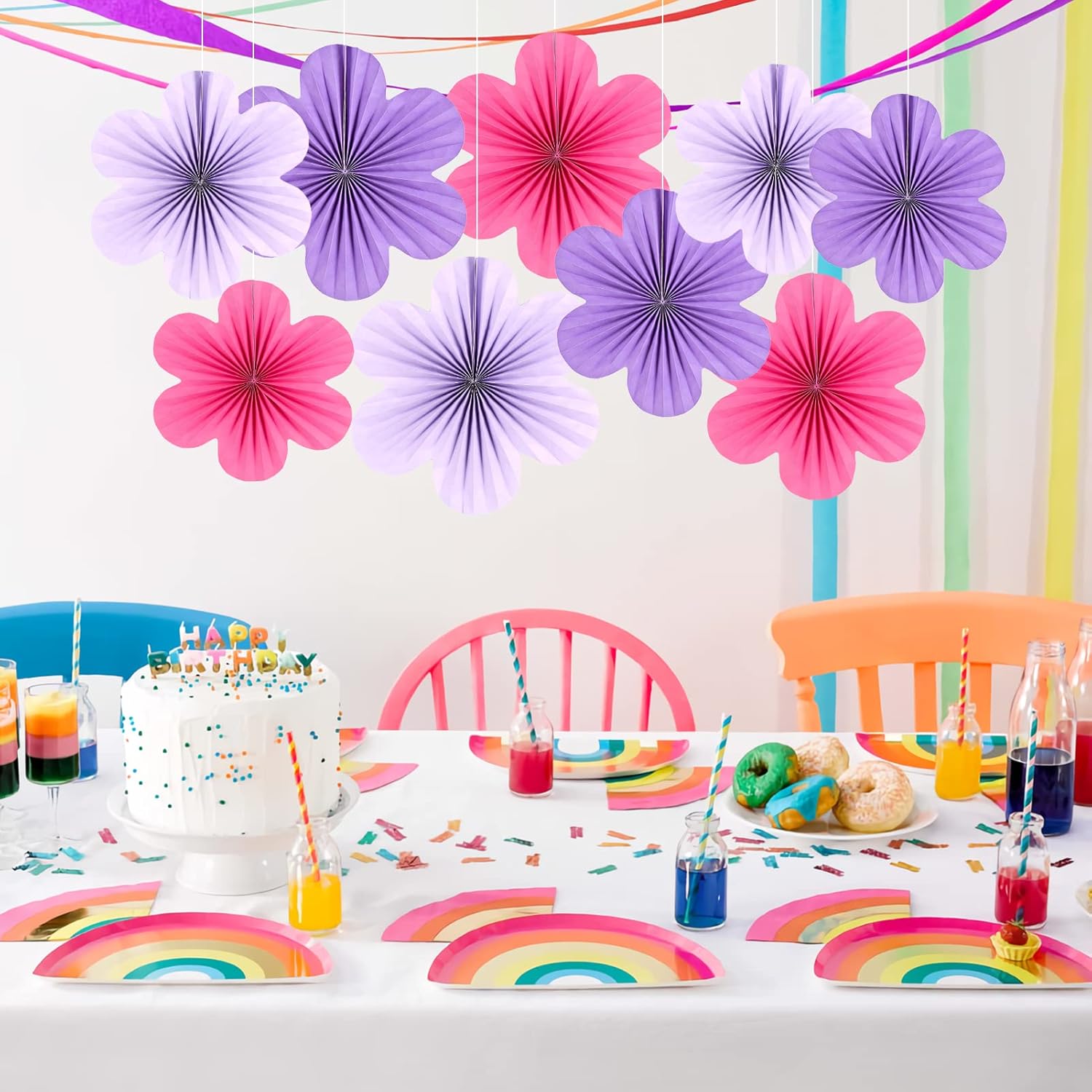 SUNBEAUTY Paper Flower Fans Set of 9 Purple Decorations