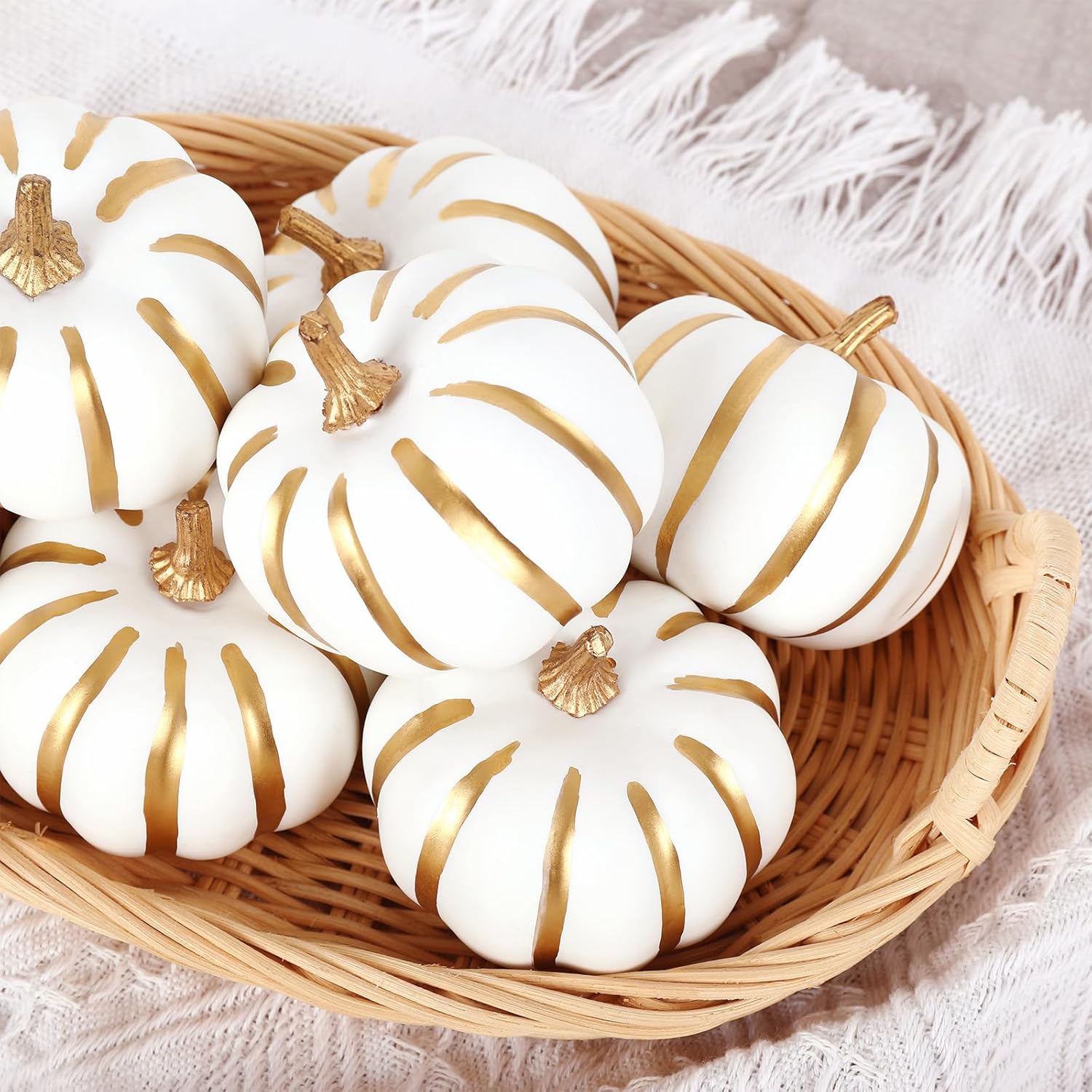 Whaline White Artificial Pumpkins 12Pcs with Gold Edges