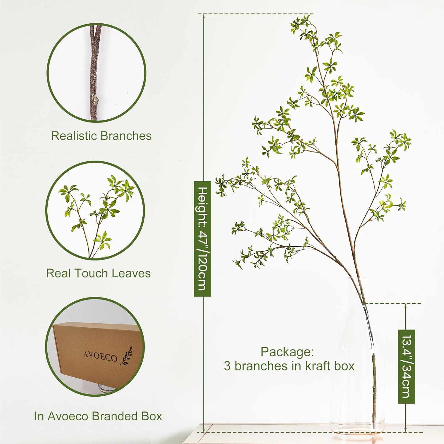 Artificial Greenery Stems 47 Tall Faux Enkianthus Branches 3 Packs Green