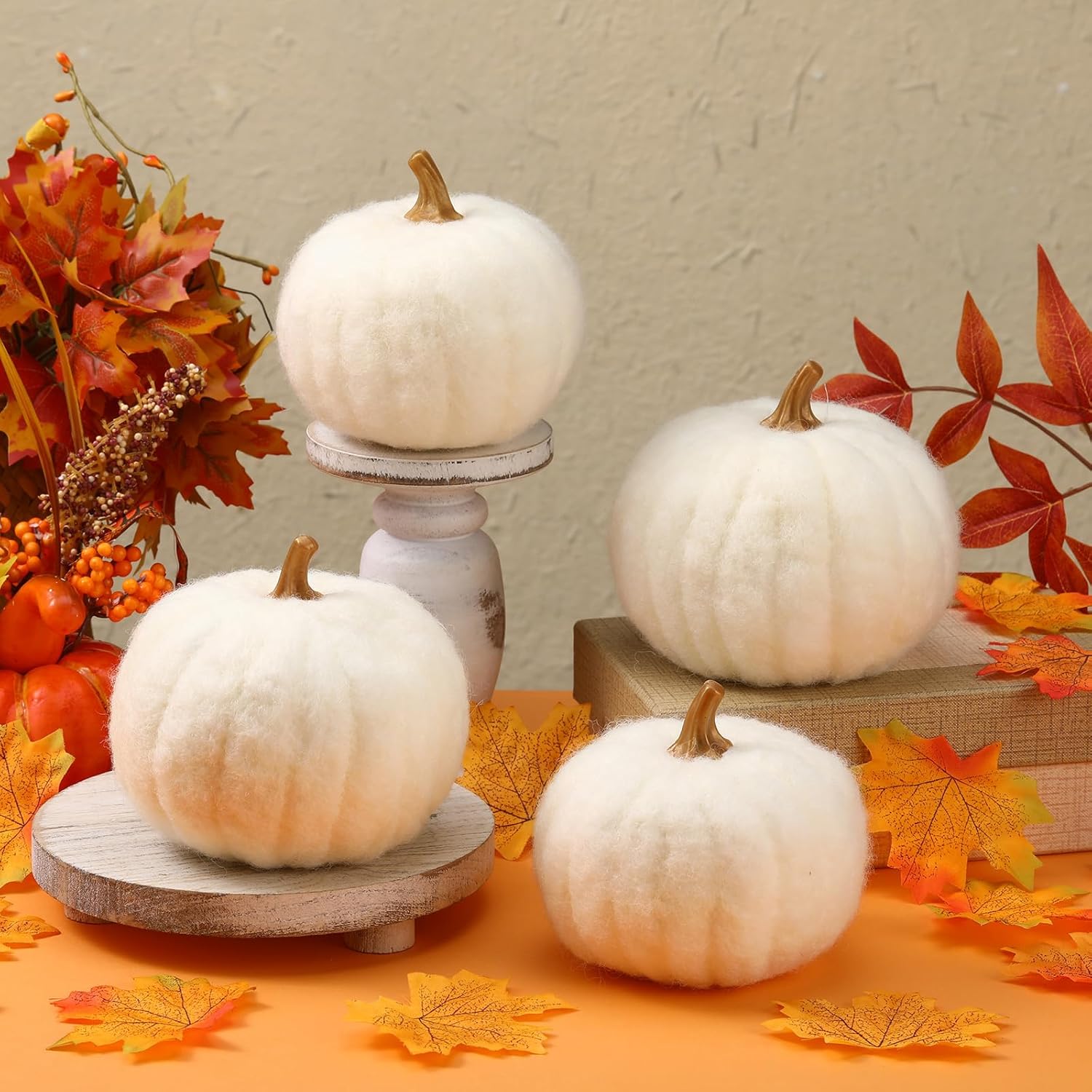 Preboun 4 Piece Large Wool Fall Pumpkin Decor