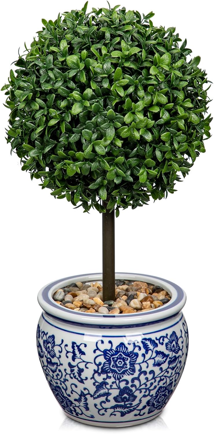 DILATATA Artificial Topiary Boxwood Ball 16 Inch Blue White Ceramic Pot