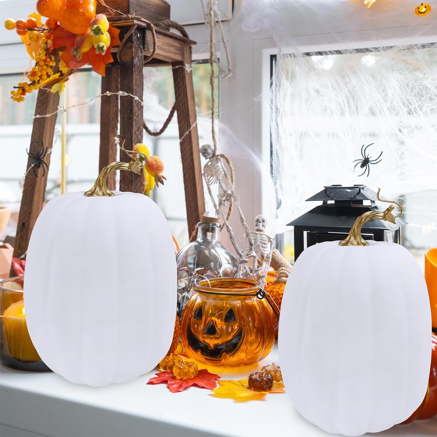 Winlyn 2 Pcs Fall White Artificial Pumpkins Decor