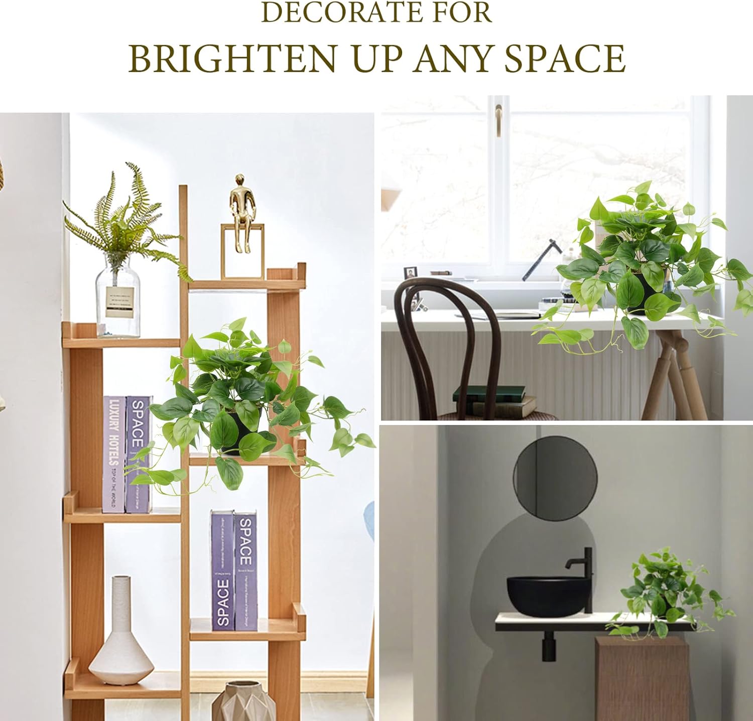 LOYWREE Artificial Pothos Plants in Black Pots - Realistic Indoor Greenery