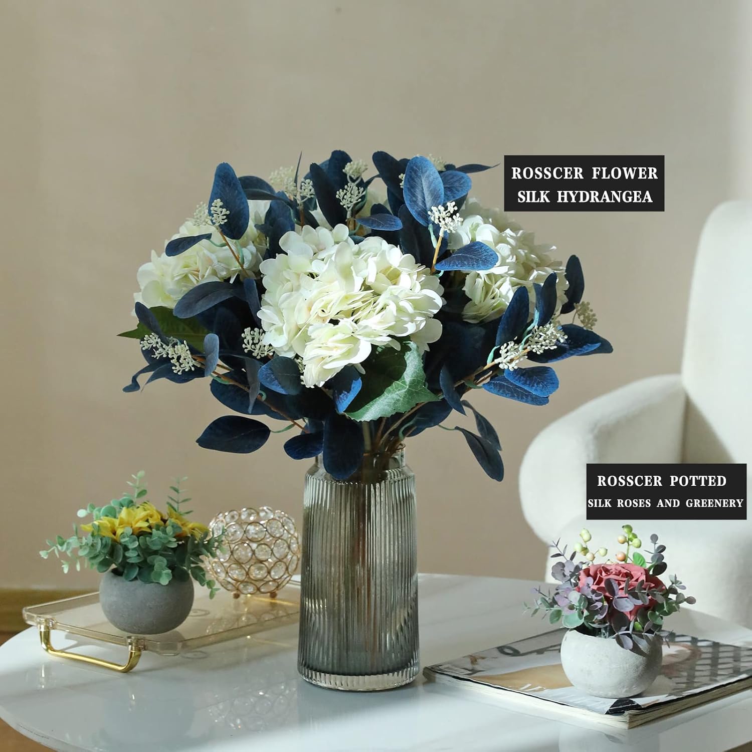 12 Pcs Artificial Eucalyptus Stems with Berries Navy Blue