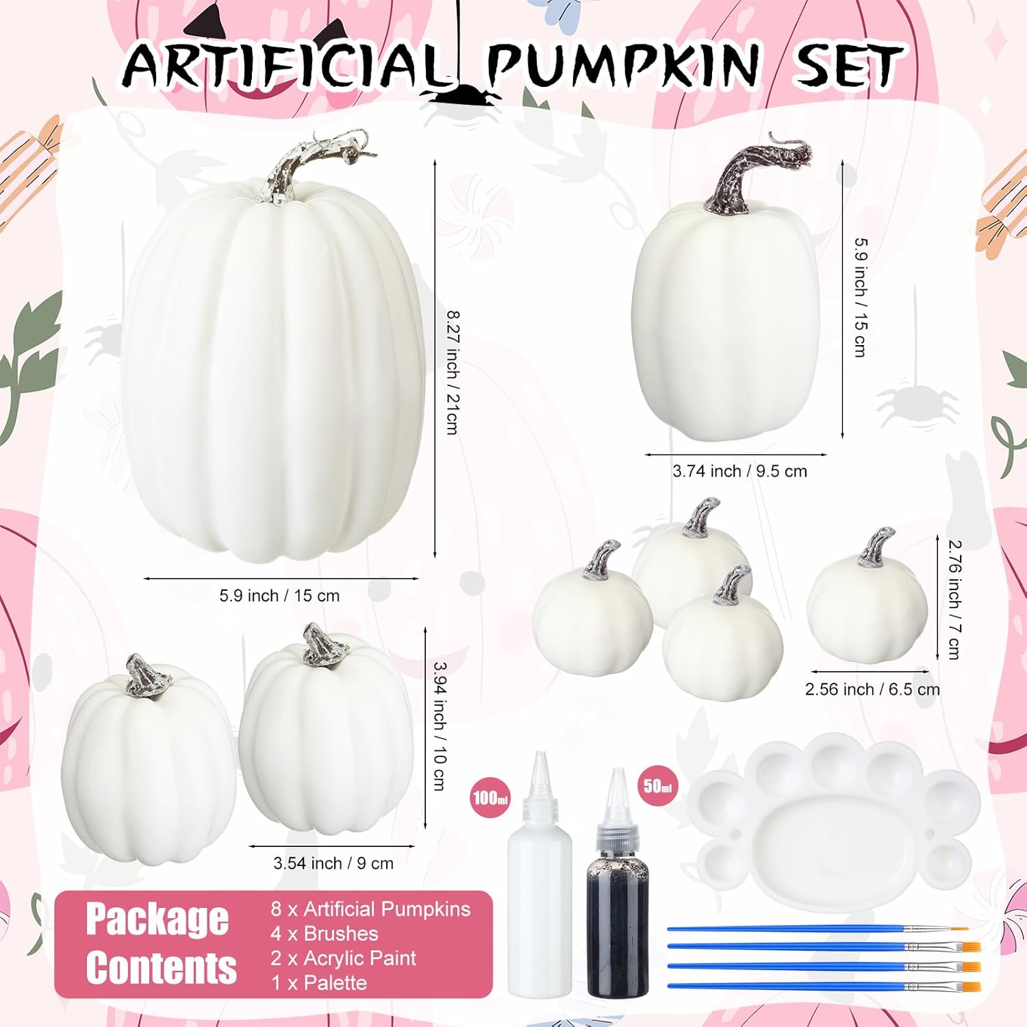 Chunful 8 Pcs Assorted Foam Pumpkins with Paint Set